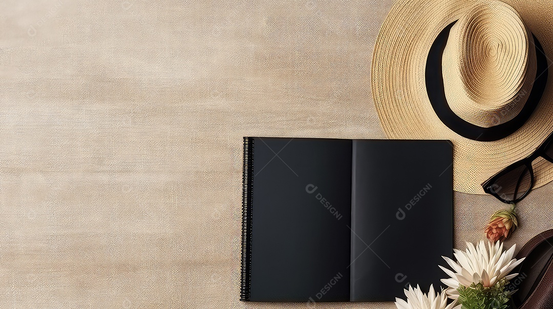 Um caderno em branco com chapéu de palha e óculos de sol em fundo de madeira
