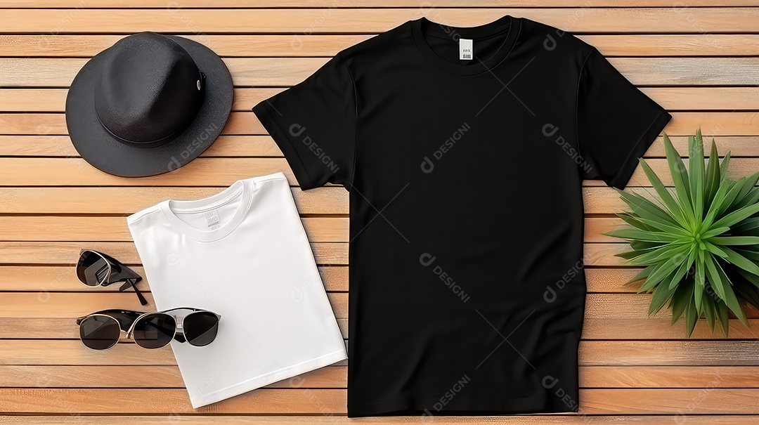 Camiseta óculos de sol e chapéu em fundo de madeira