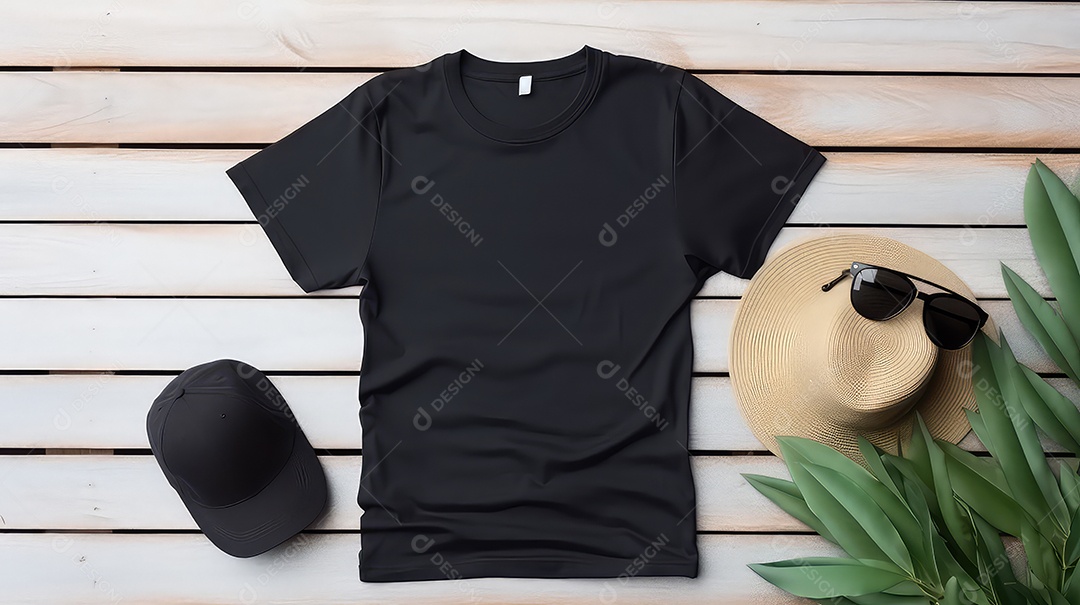 Modelo de mockup de camiseta preta com boné em fundo de madeira