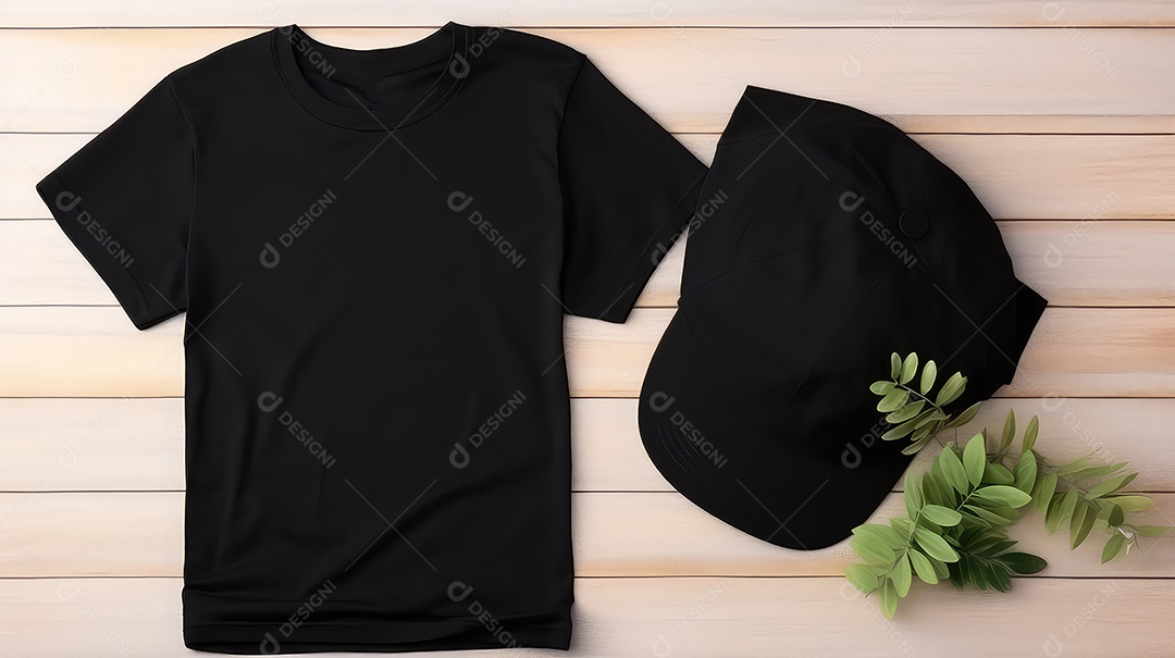 Modelo de mockup de camiseta preta com boné em fundo de madeira