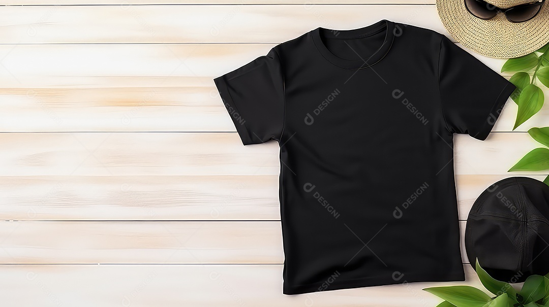 Modelo de mockup de camiseta preta com boné em fundo de madeira
