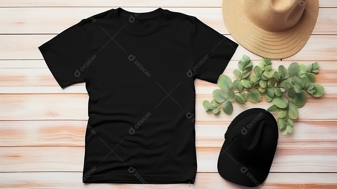 Modelo de mockup de camiseta preta com boné em fundo de madeira