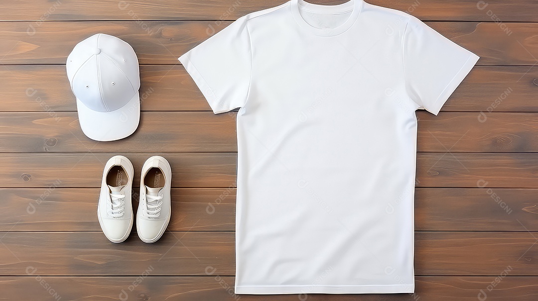 Mockup de camiseta branca com boné em fundo de madeira