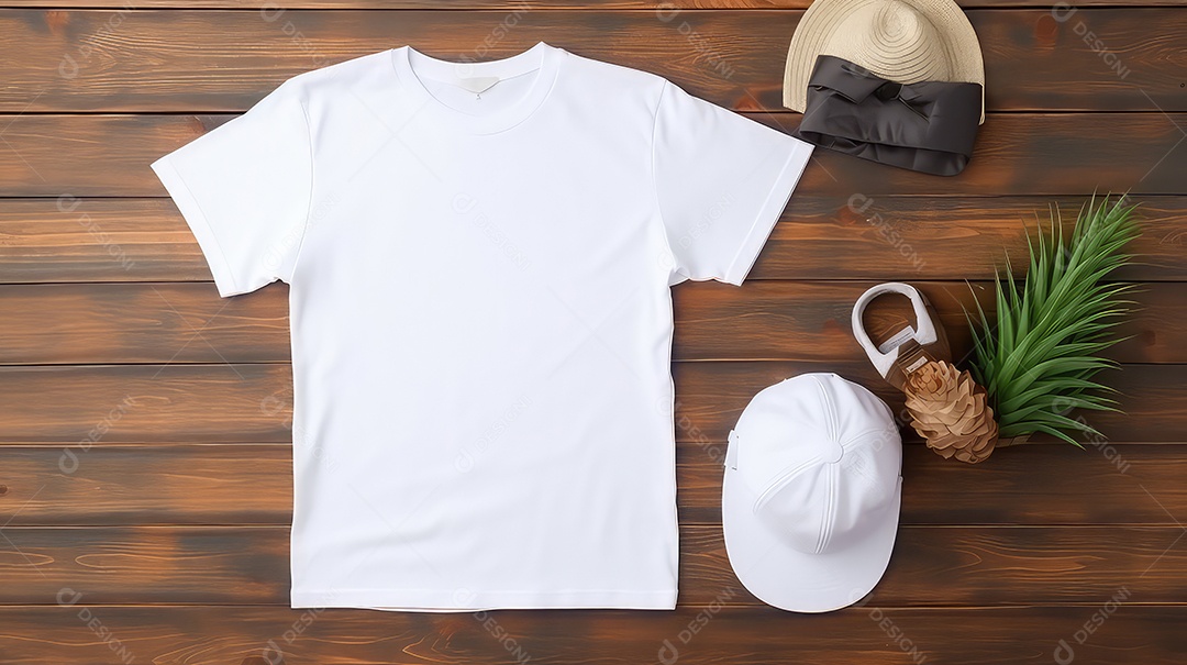 Mockup de camiseta branca com boné em fundo de madeira
