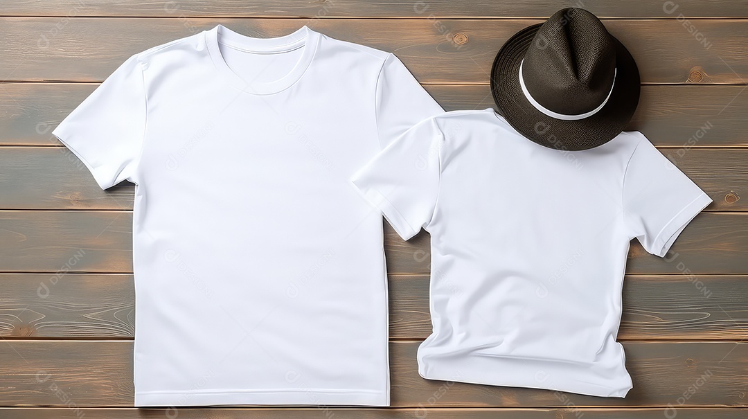 Mockup de camiseta branca com boné em fundo de madeira