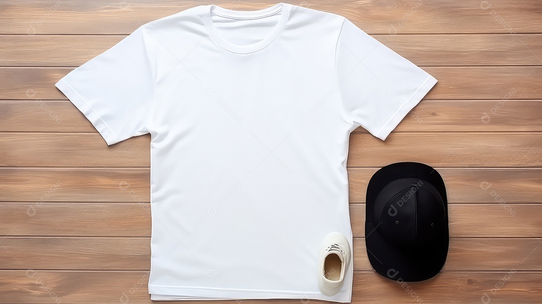 Mockup de camiseta branca com boné em fundo de madeira