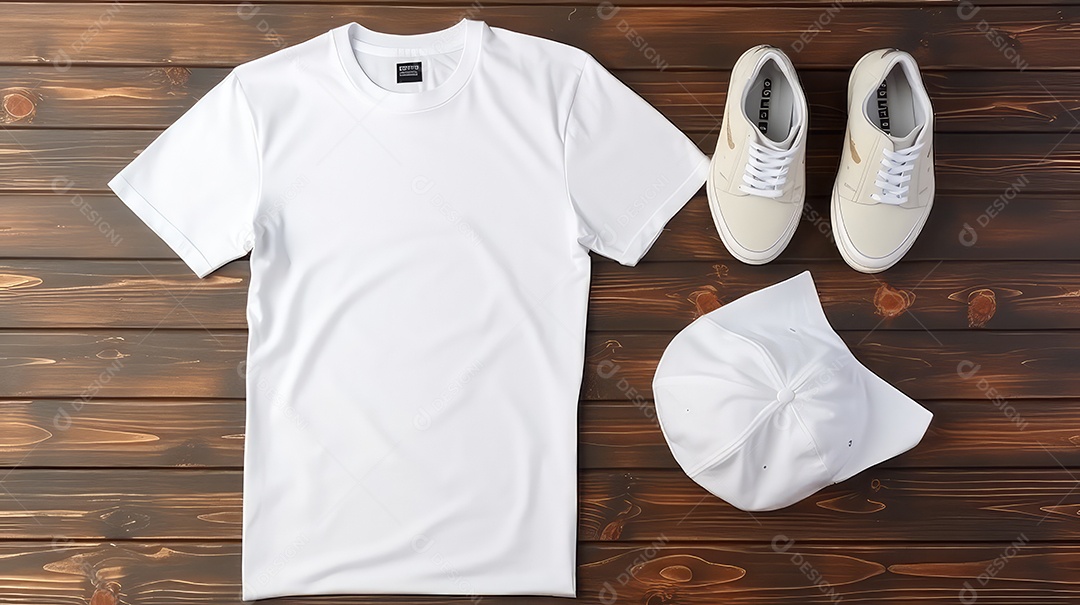 Mockup de camiseta branca com boné em fundo de madeira
