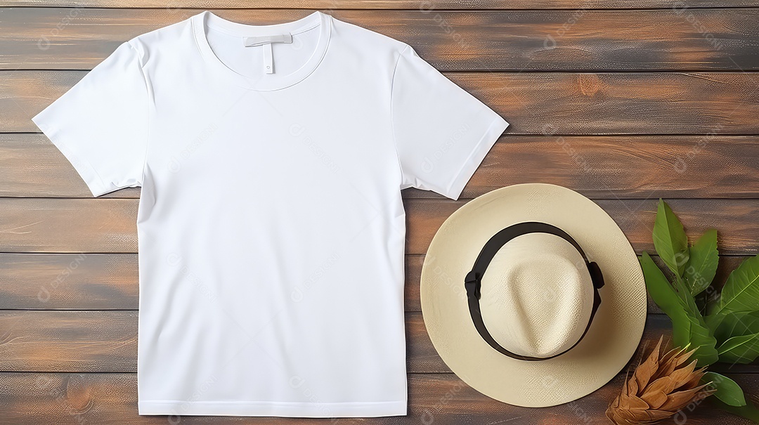Mockup de camiseta branca com chápeu em fundo de madeira