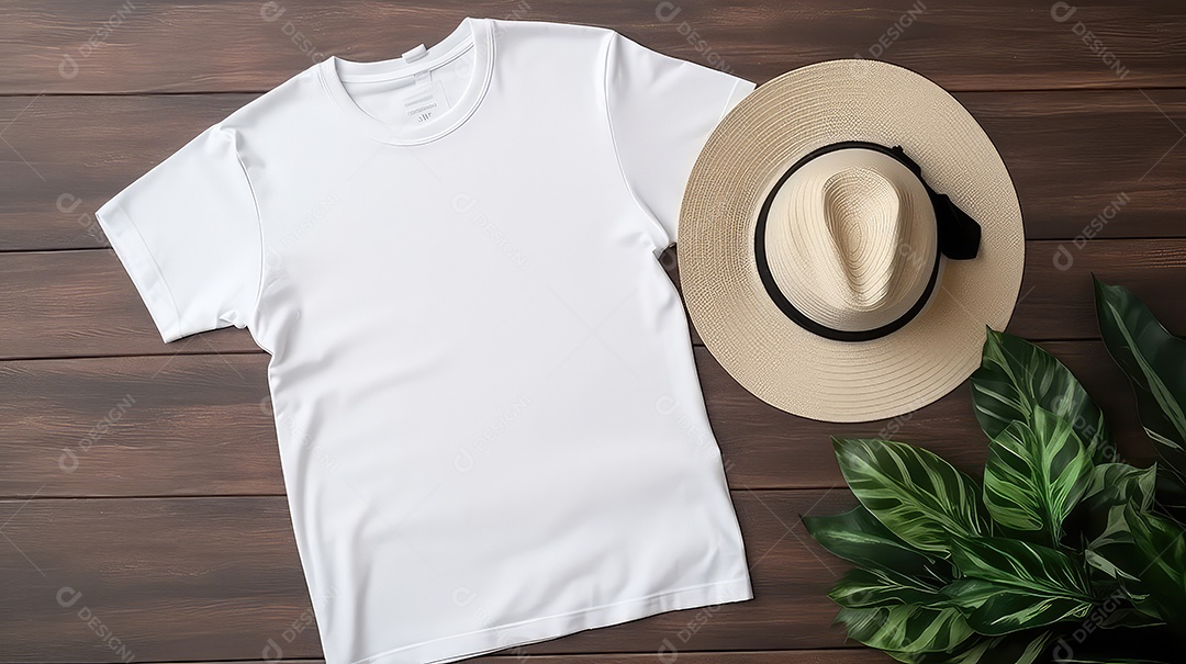 Mockup de camiseta branca com boné em fundo de madeira