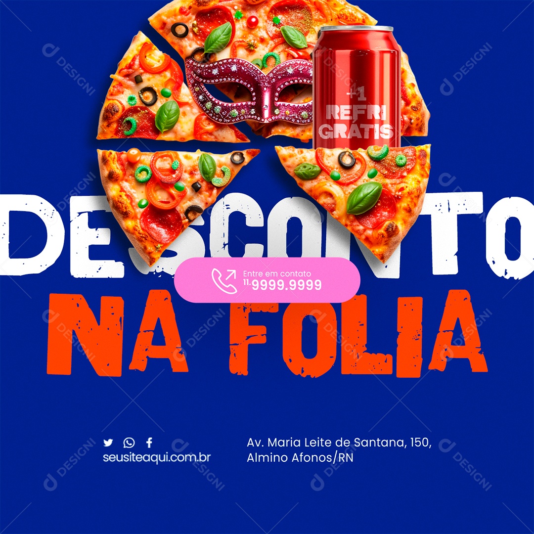Carnaval Pizzaria Desconto na Folia Refri Grátis Social Media  PSD Editável