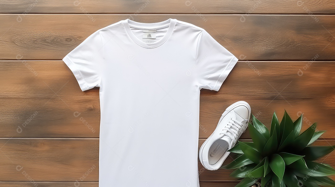 Mockup de camiseta branca com boné em fundo de madeira