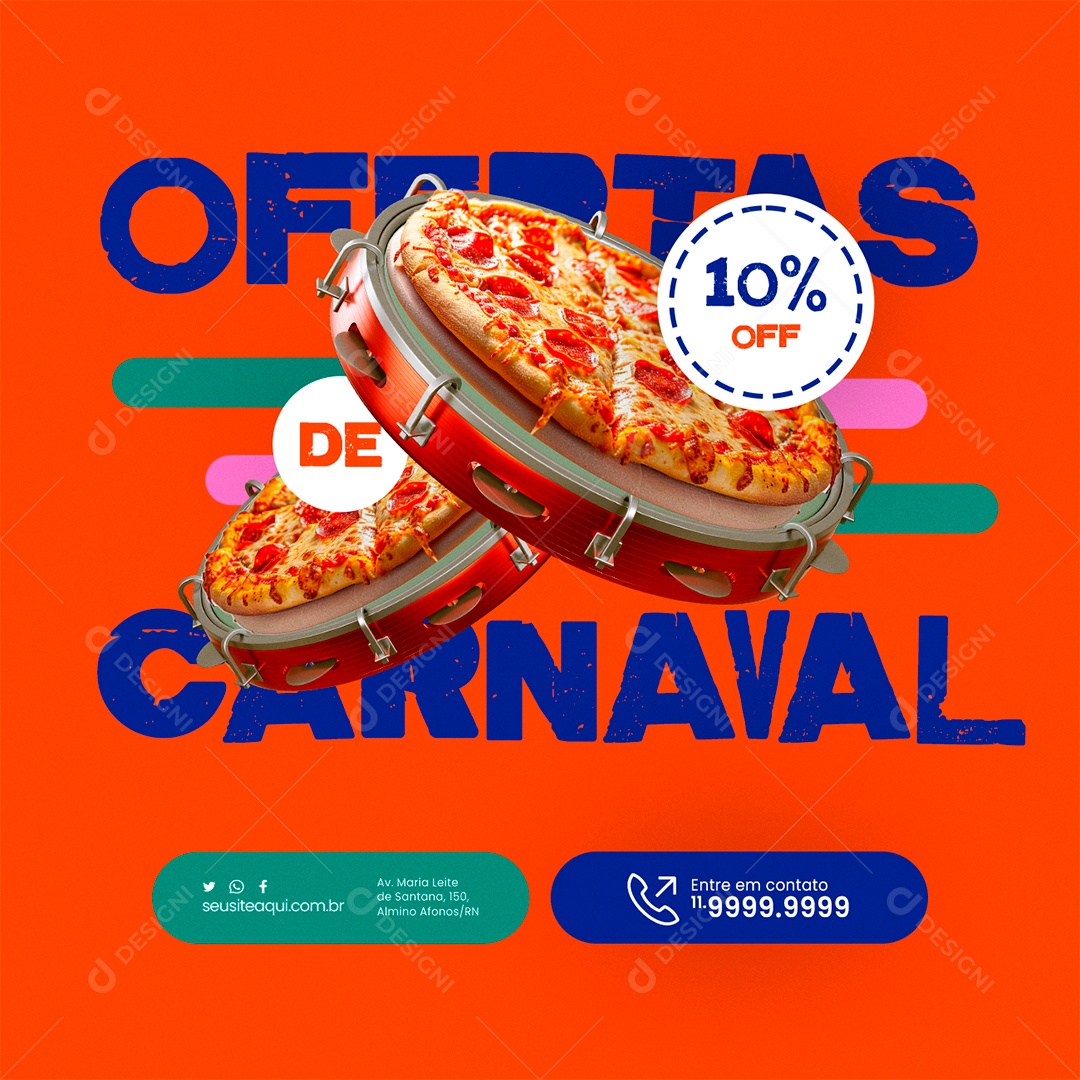 Carnaval Pizzaria Ofertas 10% Off Pizza Social Media PSD Editável