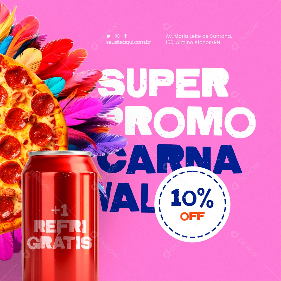 Carnaval Pizzaria Super Promo 10% Off Refri Grátis Social Media PSD Editável