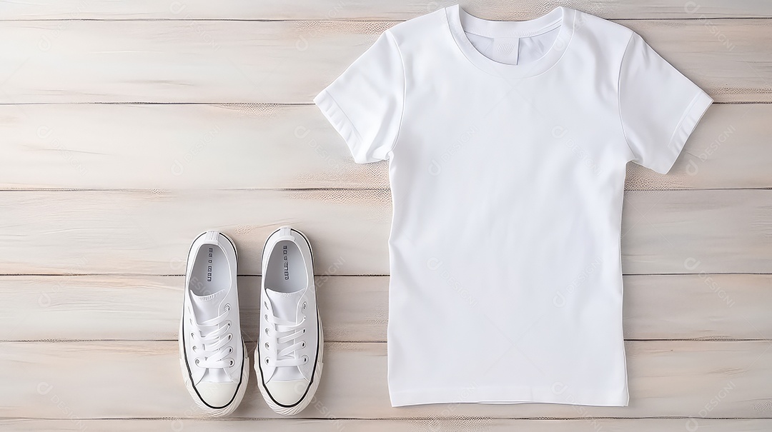 Mockup de camiseta branca com boné em fundo de madeira
