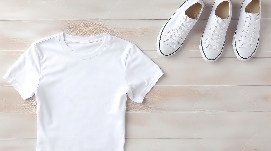 Mockup de camiseta branca com boné em fundo de madeira