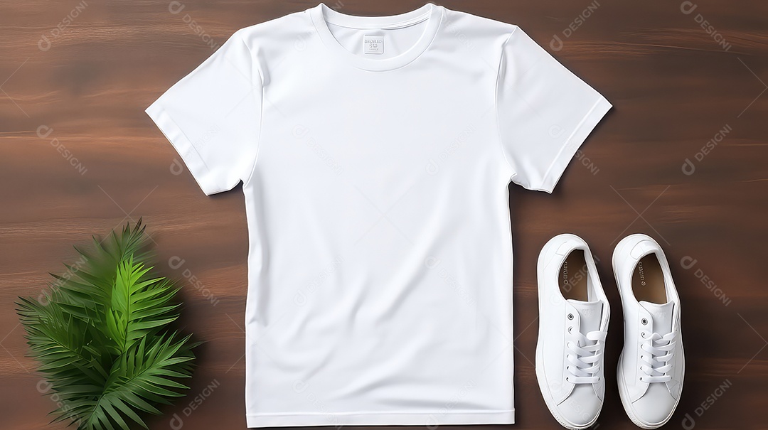 Mockup de camiseta branca com boné em fundo de madeira