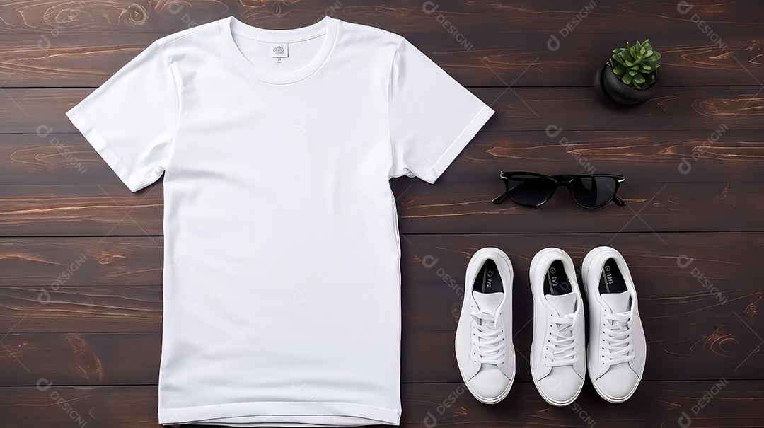 Mockup de camiseta branca com boné em fundo de madeira