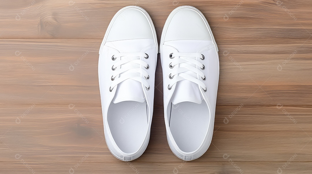 Tênis brancos sobre uma mesa de madeira