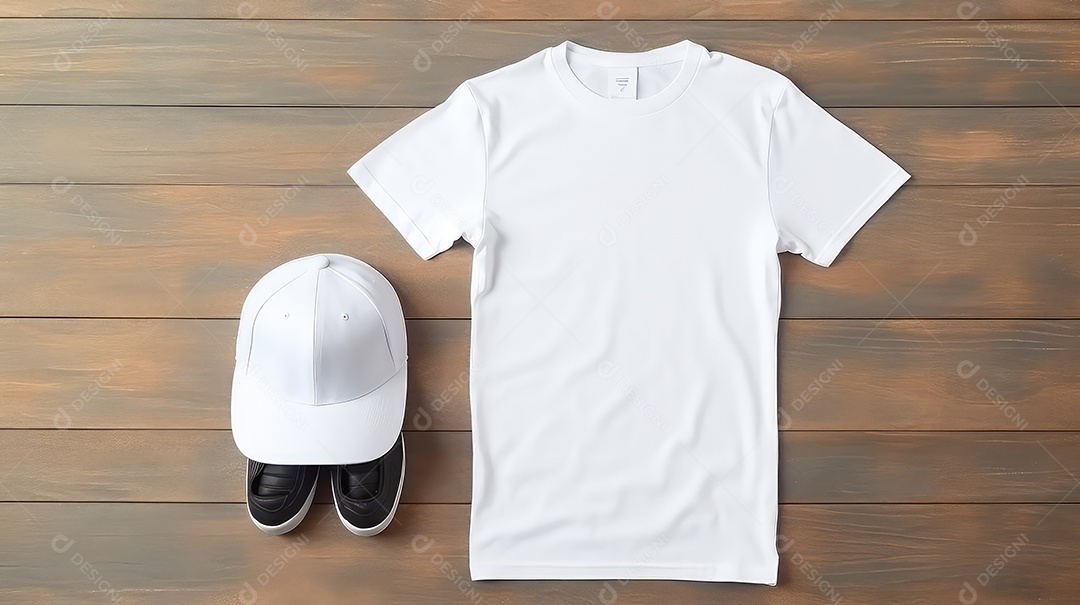 Mockup de camiseta branca boné de beisebol e tênis em fundo de madeira