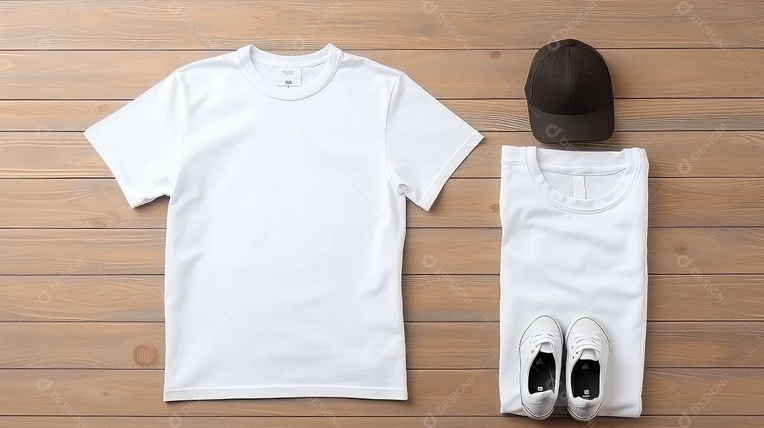 Mockup de camiseta branca boné de beisebol e tênis em fundo de madeira