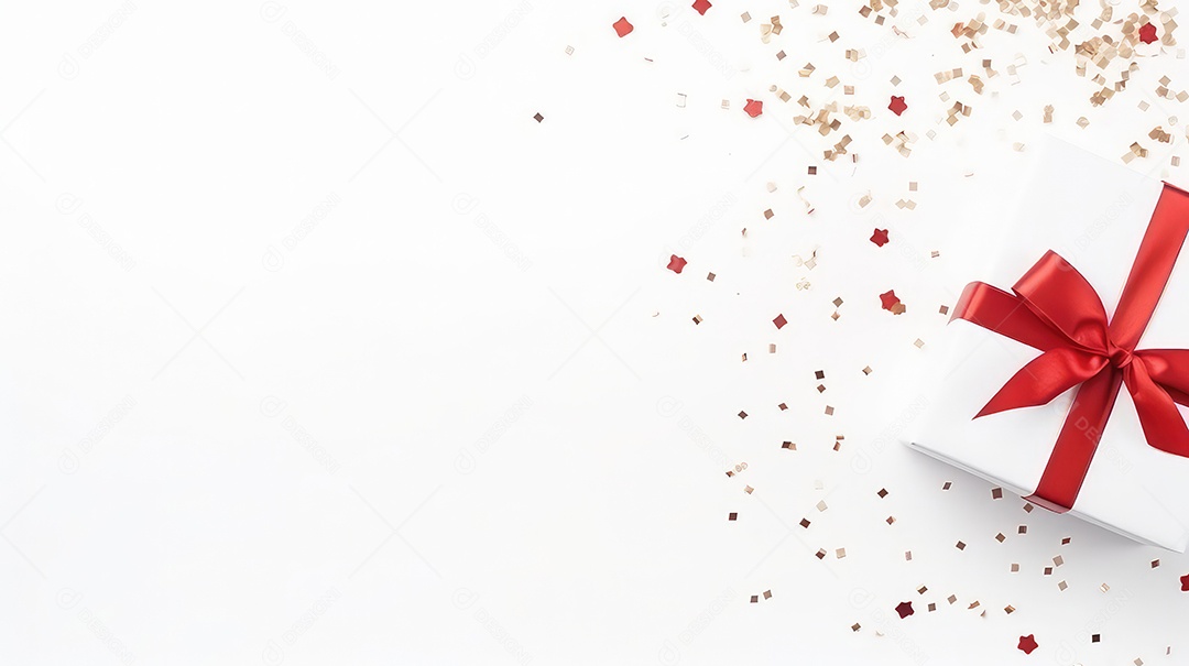 Caixa de presente branca com laço de fita vermelha e confete em fundo branco