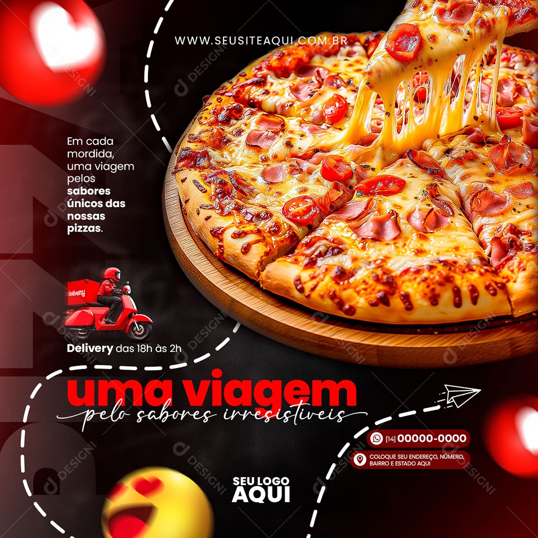 Feed Em Cada Mordida uma Viagem pelo Sabores Únicos das Nossas Pizzas Social Media PSD Editável