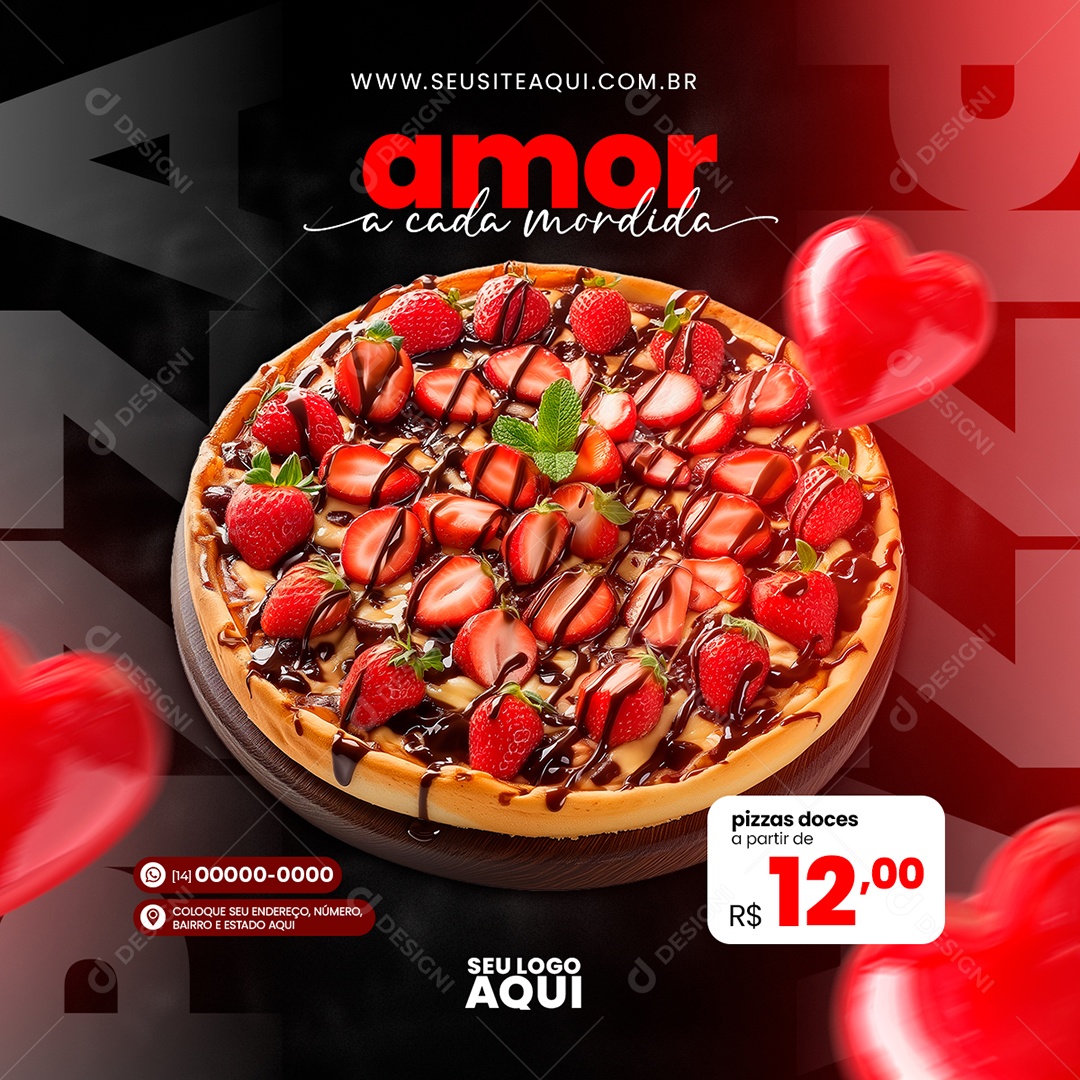Feed Amor a Cada Mordida Pizzas Doces Social Media PSD Editável