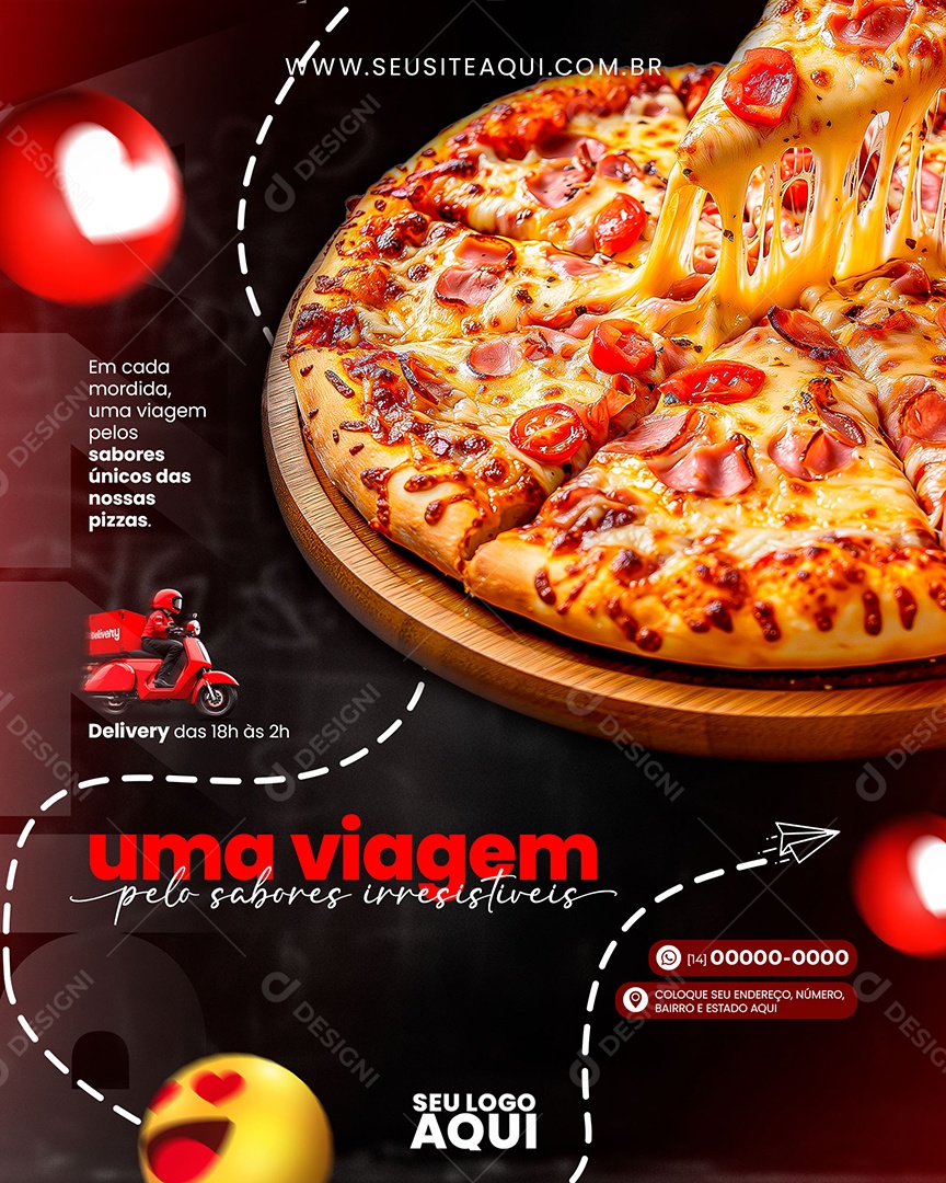 Em Cada Mordida uma Viagem pelo Sabores Únicos das Nossas Pizzas Social Media PSD Editável