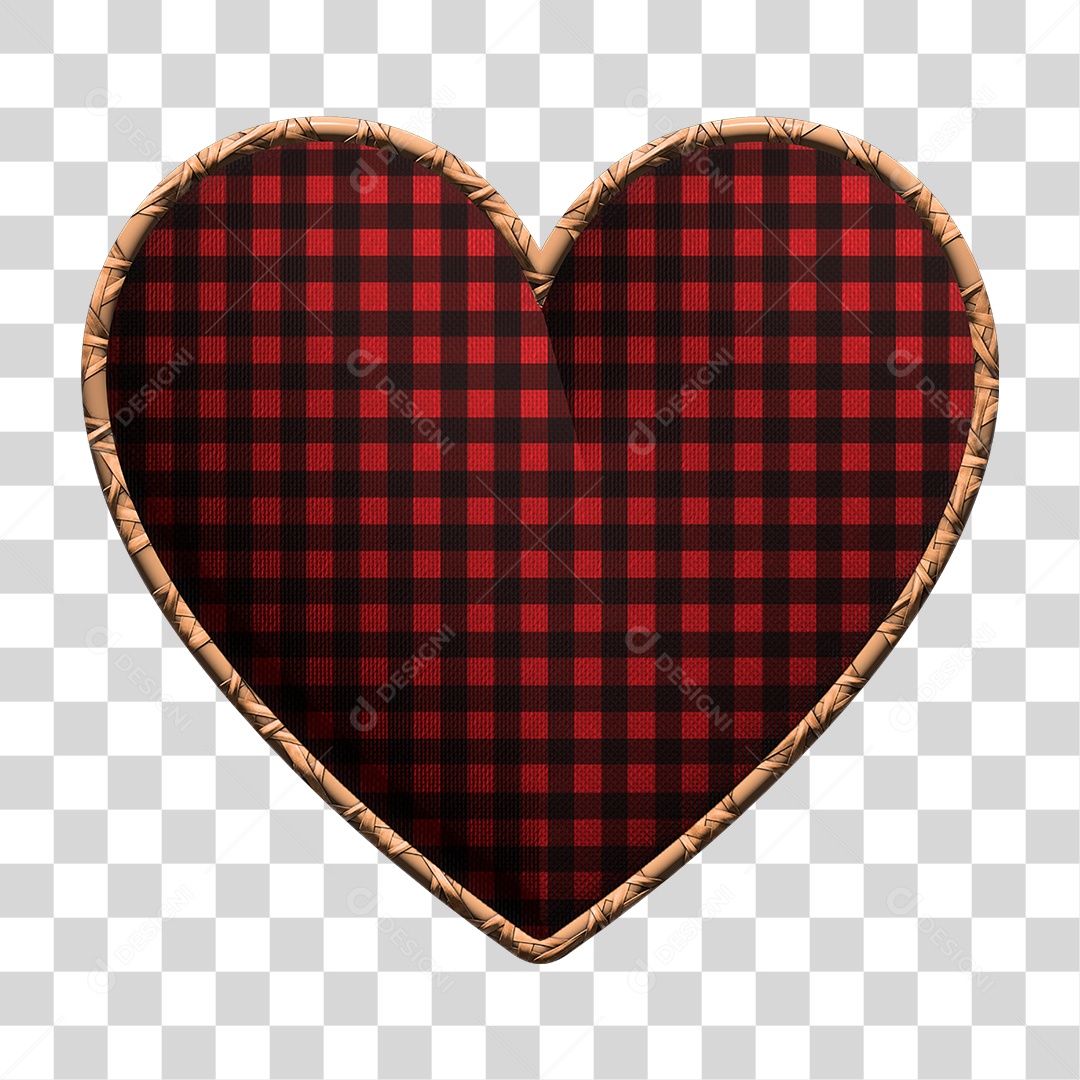 Elemento 3D Coração Xadrez Vermelho com Borda de Madeira Para Composição PNG Transparente