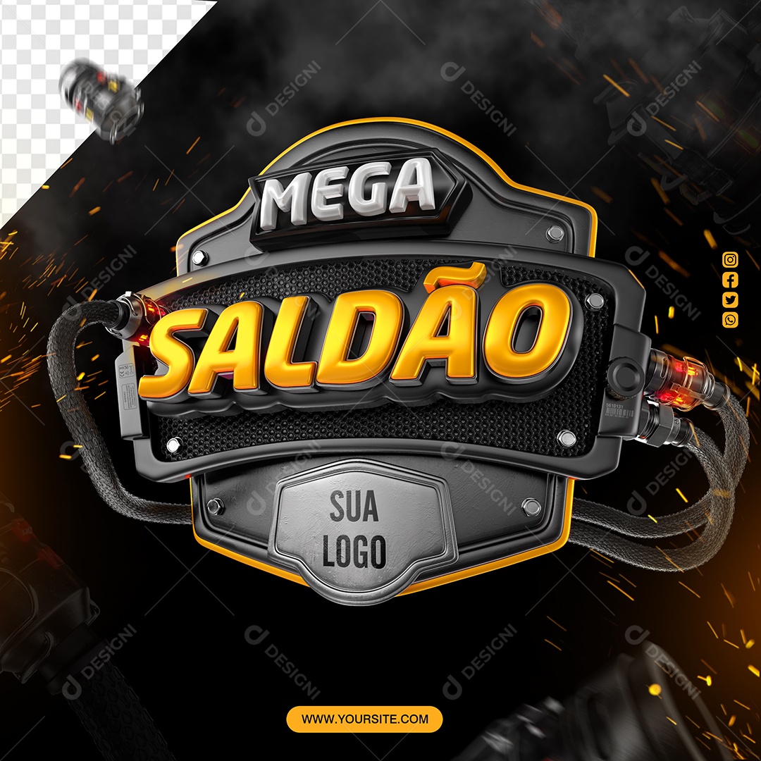 Mega Saldão Selo 3D Amarelo e Preto para Composição PSD