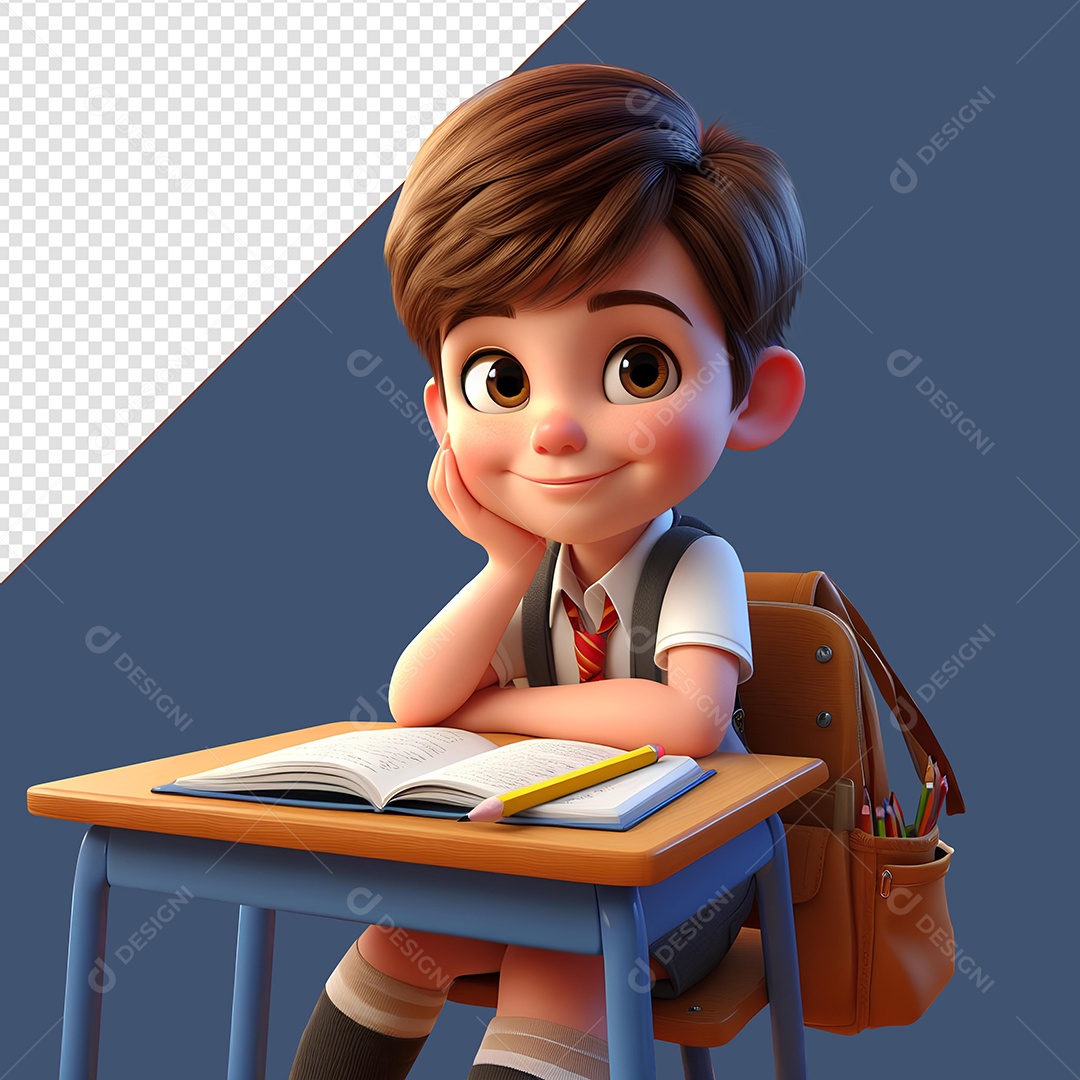 Estudante Homem Menino Sentado Estudando Elemento 3D de Volta às Aulas para Composição PSD