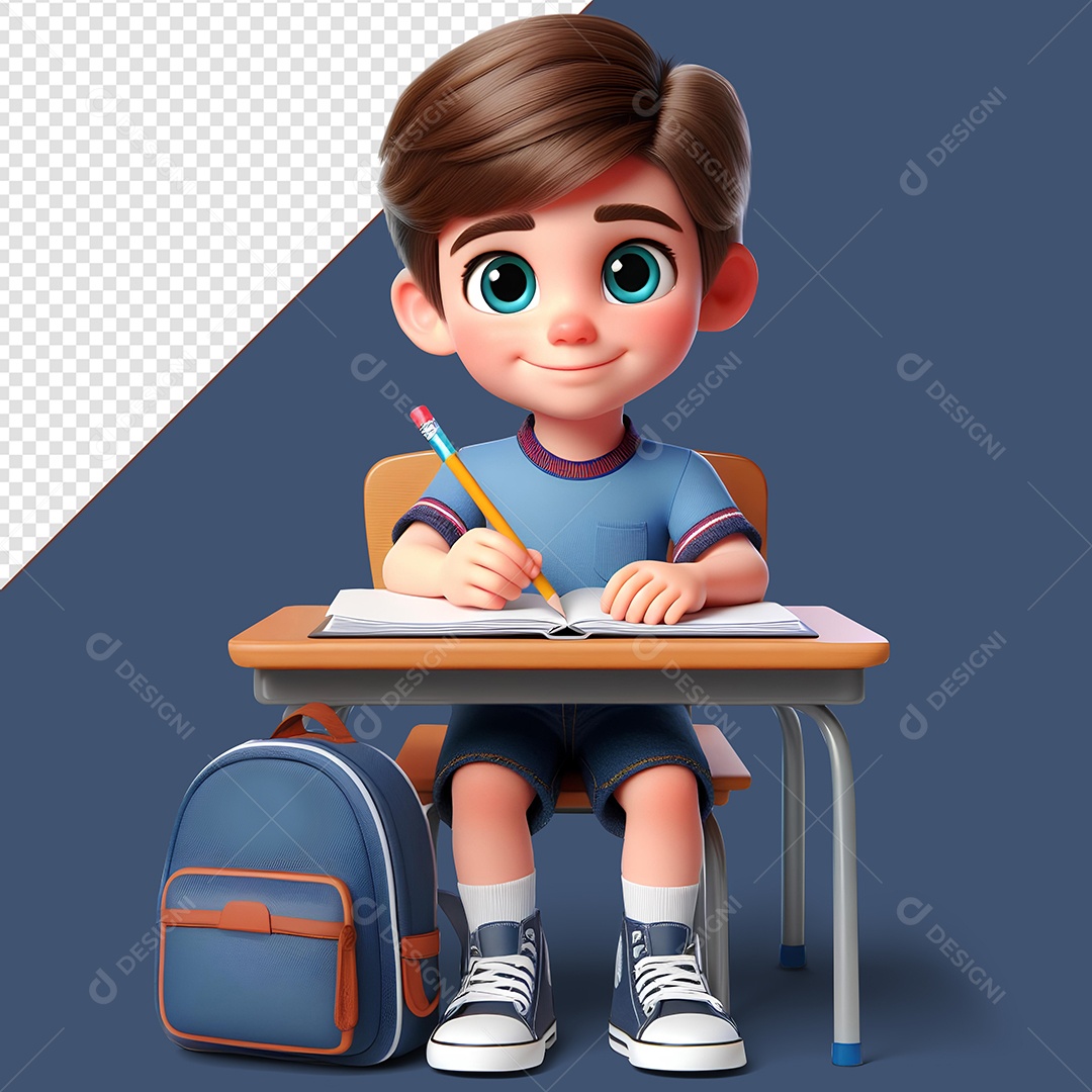 Estudante Homem Menino Sentado Escrevendo Elemento 3D de Volta às Aulas para Composição PSD