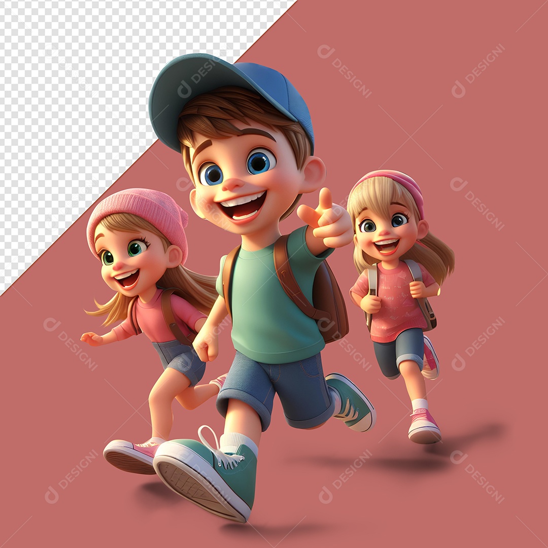 Estudantes um Menino e Duas Meninas Elemento 3D de Volta às Aulas para Composição PSD