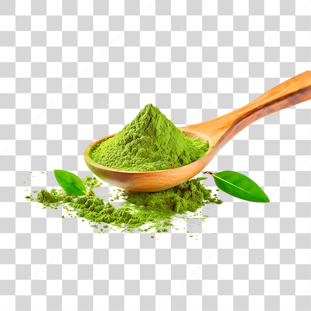 Pó de Chá Verde em Colher de Pau PNG Transparente
