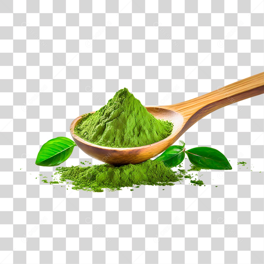 Pó de Chá Verde em Colher de Pau PNG Transparente