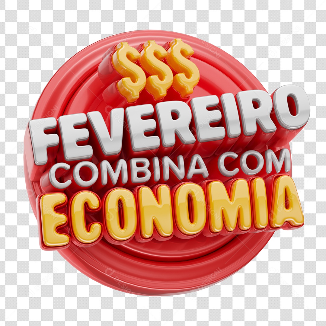 Fevereiro Combina com Economia Selo 3D Vermelho Branco Dourado para Composição PSD