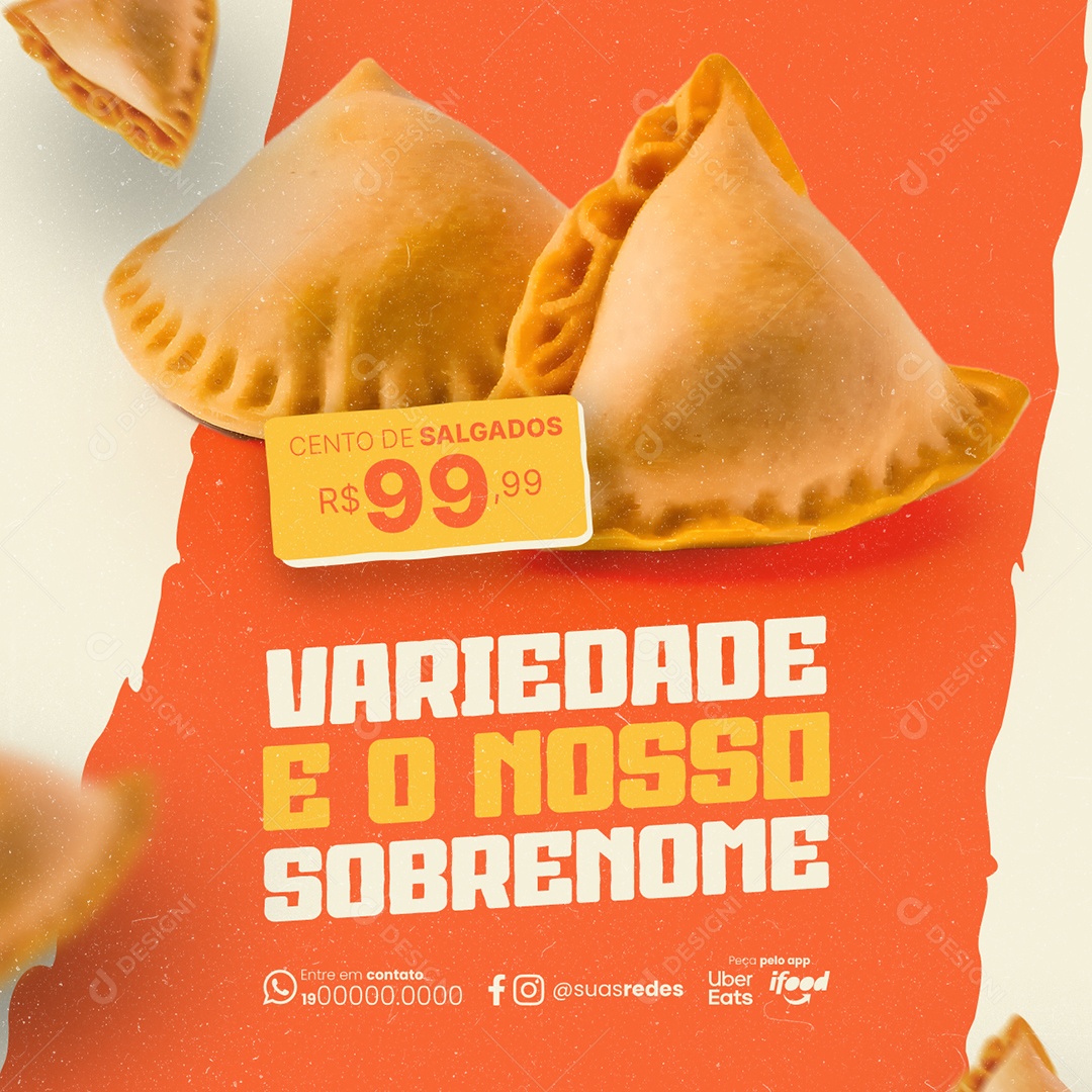 Salgateria Cento de Salgados Variedade e o nosso Sobrenome Social Media PSD Editável