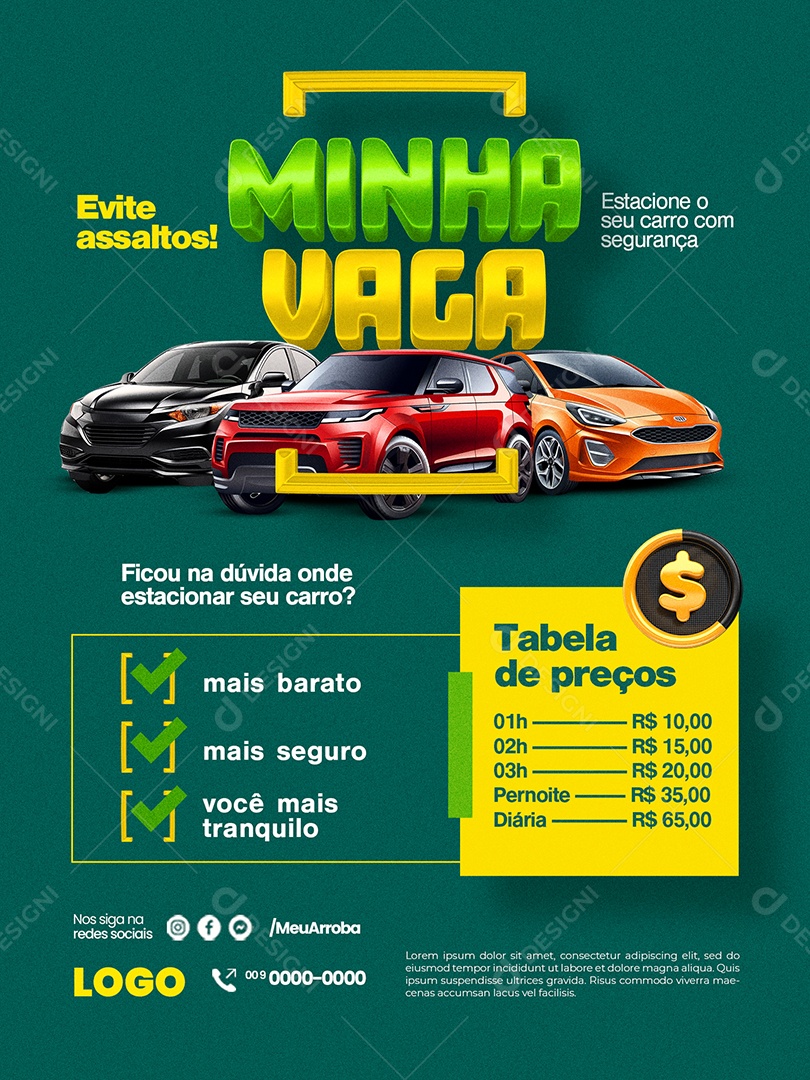 Estacionamento Minha Vaga Encarte Evite assaltos Tabela de preços Social Media PSD Editável