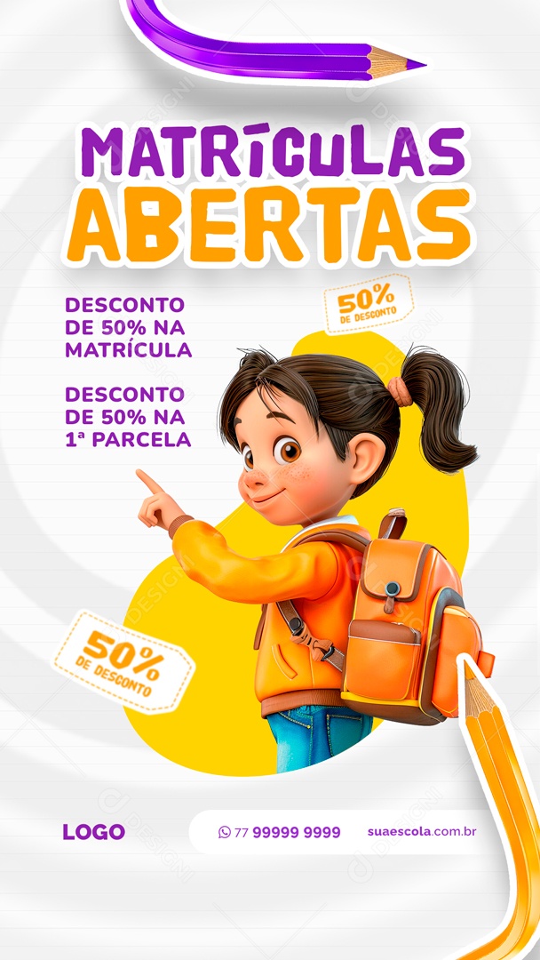 Story Volta às Aulas Matrículas Abertas Social Media PSD Editável