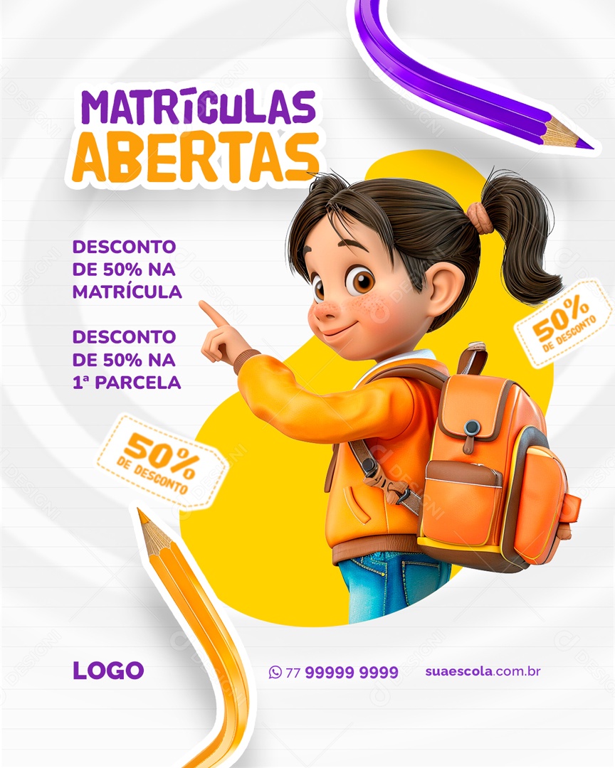 Volta às Aulas Matrículas Social Media PSD Editável