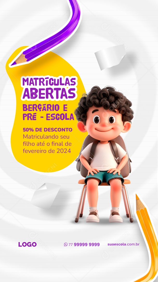 Story Volta às Aulas Matrículas Abertas Berçário e Pré-Escola Social Media PSD Editável