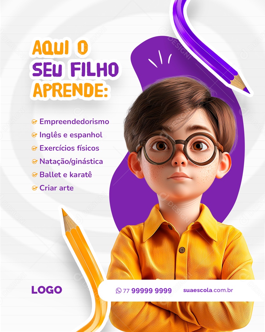 Volta às Aulas Aqui seu Filho Aprende Social Media PSD Editável