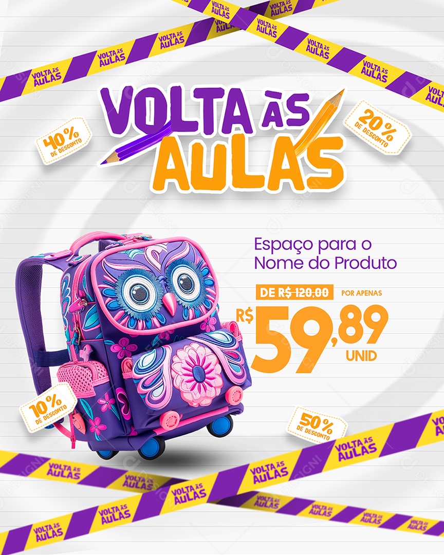 Volta às Aulas Mochila de 120,00 por Apenas 59,89 Social Media PSD Editável