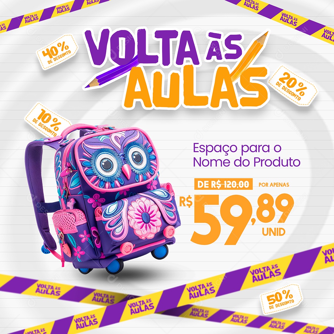 Feed Volta às Aulas Mochila de 120,00 por Apenas 59,89 Social Media PSD Editável