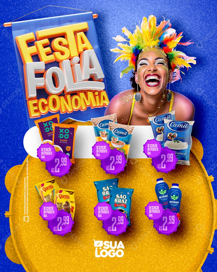 Festa Folia Economia Xodó Flocão Feijão Camil Arroz Camil Social Media SD Editável