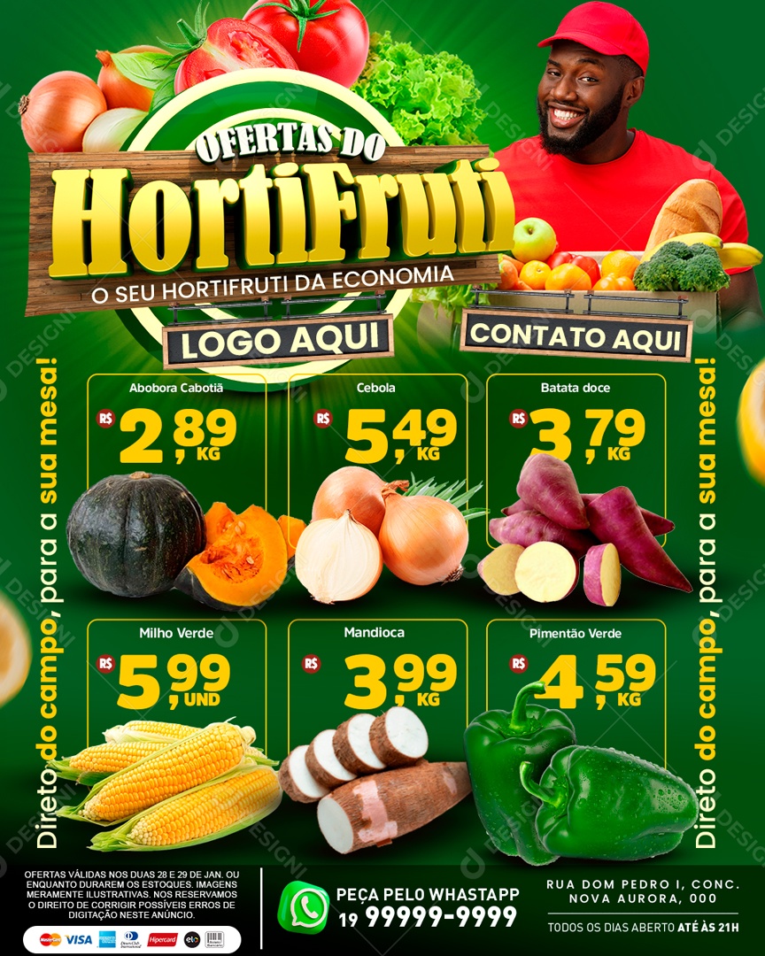 Encarte Ofertas do Hortifruti da Economia Abobora Cabotiá Cebola Batata Doce Social Media PSD Editável