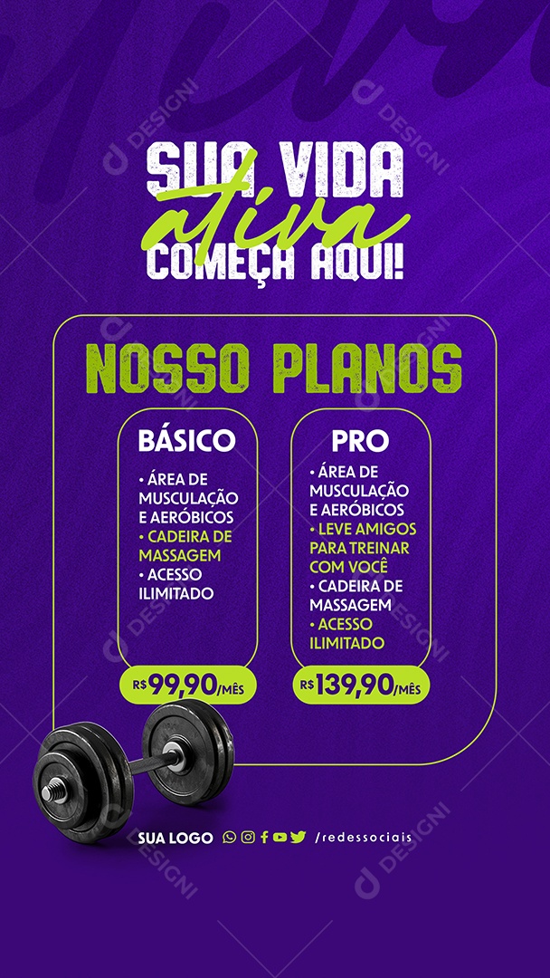 Story Sua Vida Ativa Começa Aqui na Academia Social Media PSD Editável