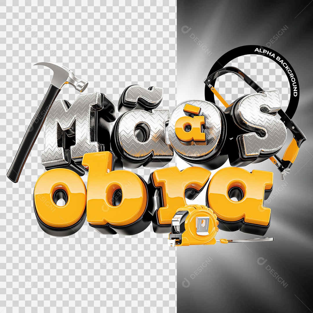 Mãos à Obra Selo 3D Amarelo e Cinza para Composição PSD