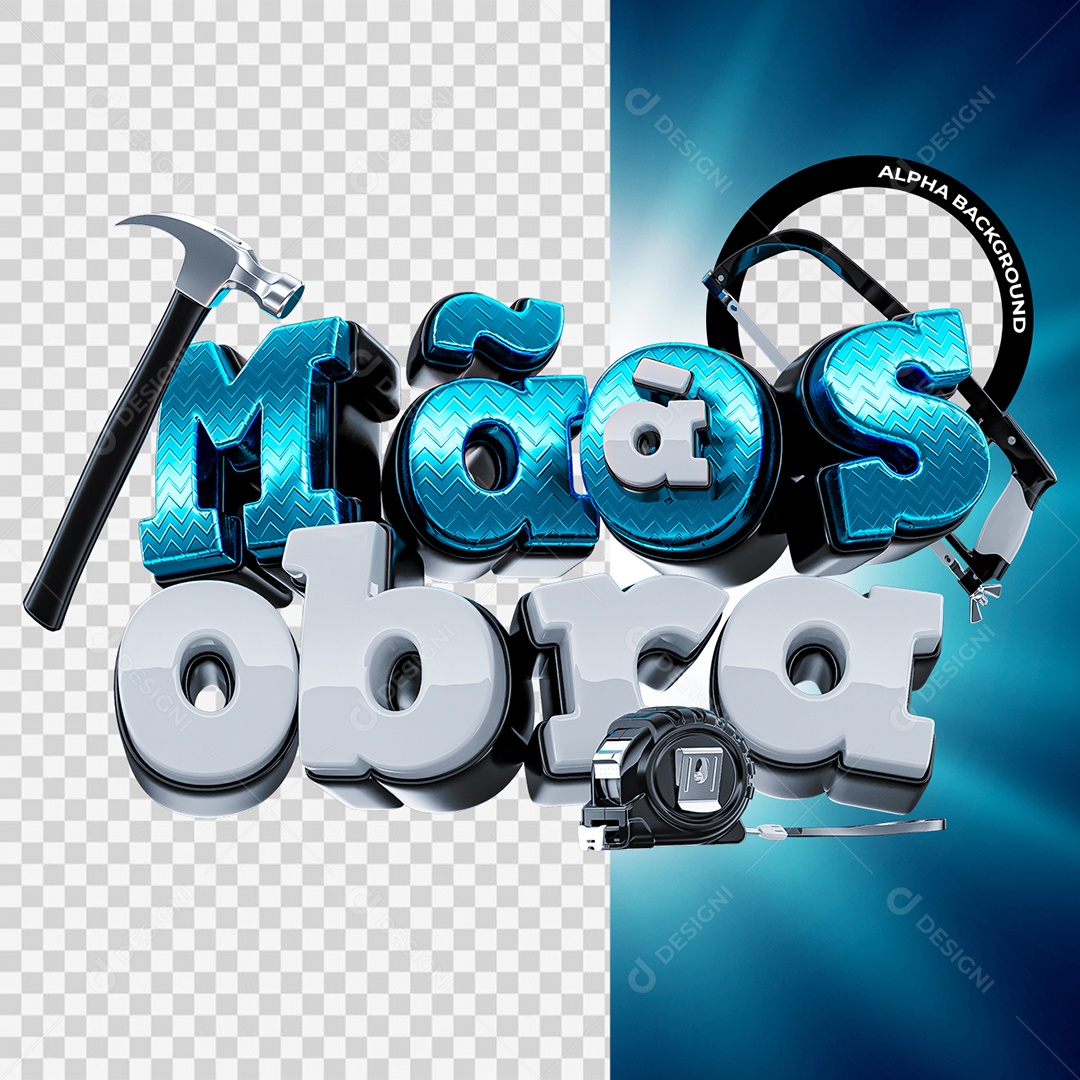 Mãos à Obra Selo 3D Azul e Branco para Composição PSD