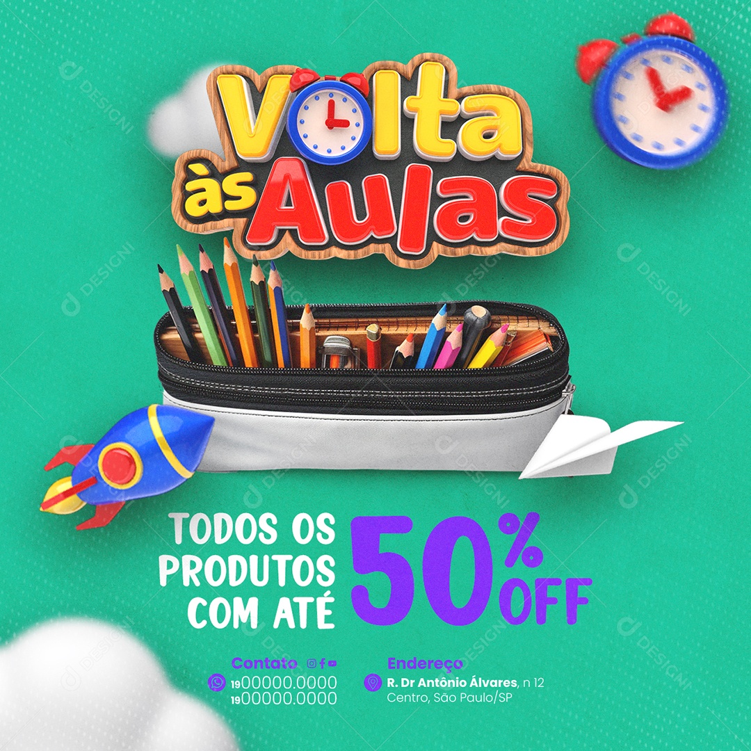 Volta às Aulas Papelaria Todos os Produtos com Até 50% Off Social Media PSD Editável